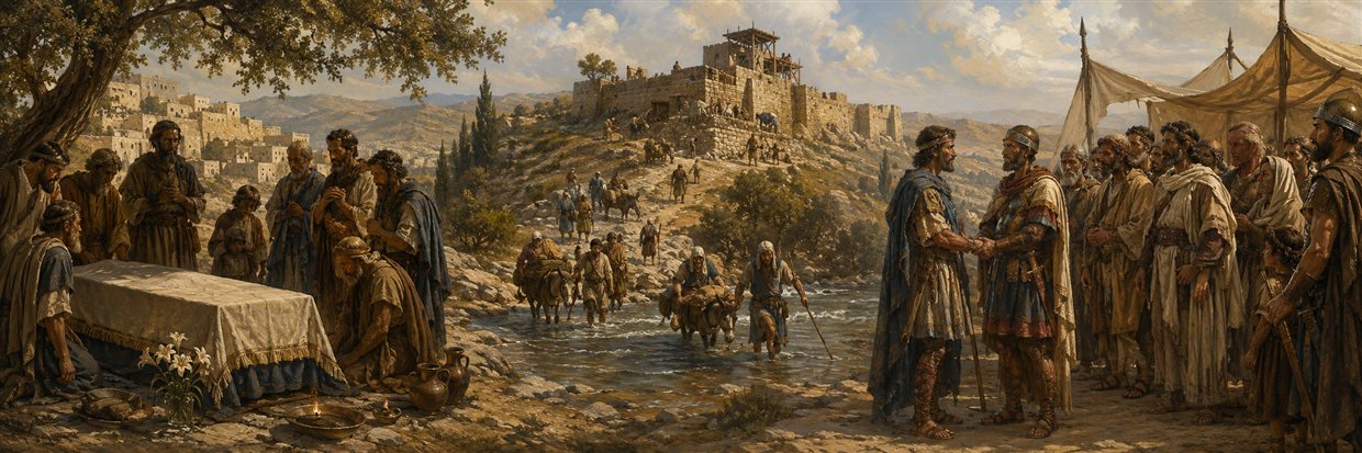 Companions mourn Judas while Jonathan and Simon lead survivors across the Jordan and later receive released captives